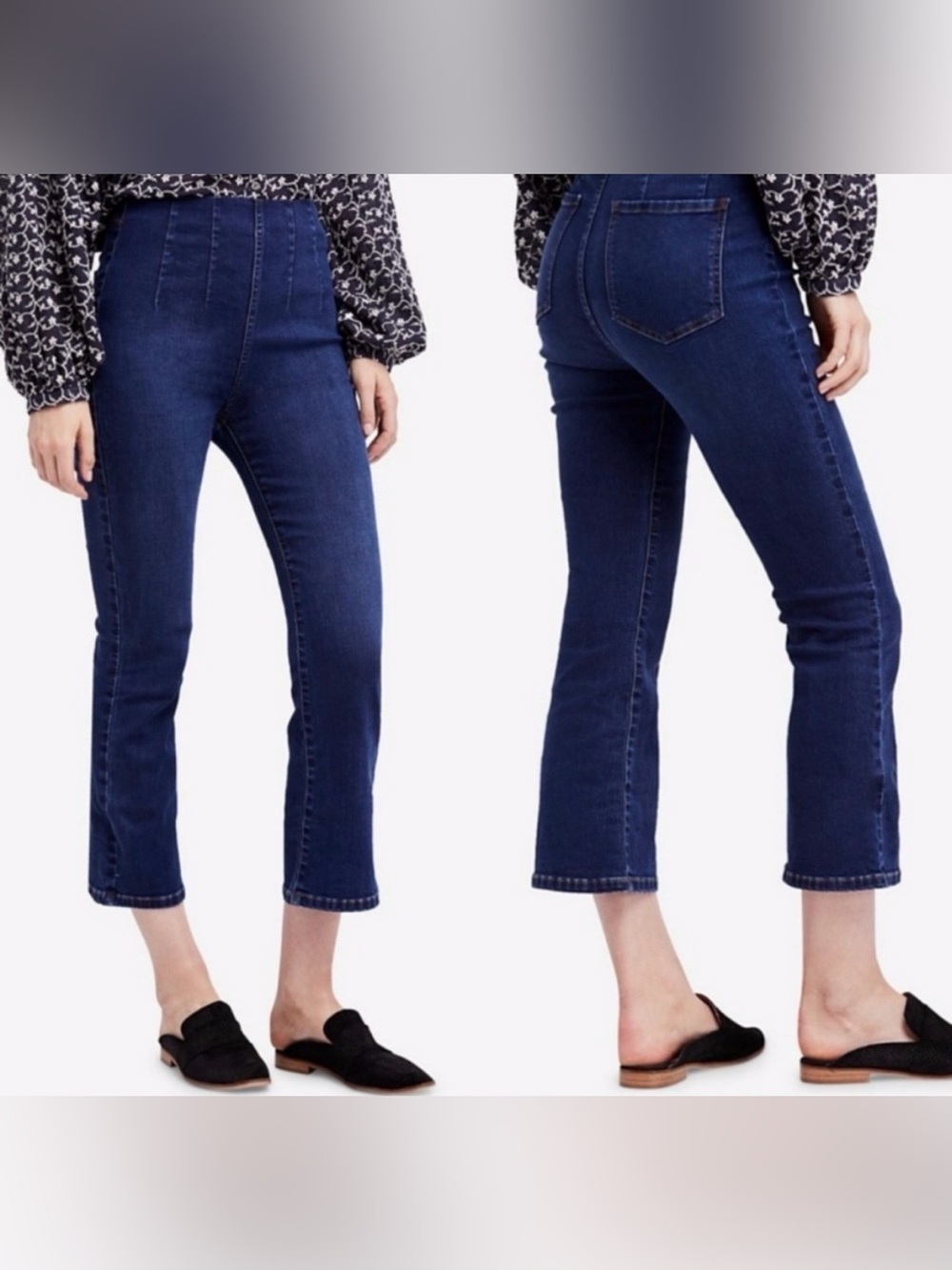 Free People Manhattan Beach Pull On Cropped Flare Jeans Blue Mid Wash Size 26